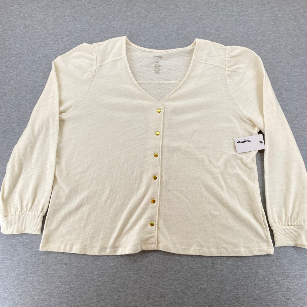 Sonoma XXL Faux Button Front Lightweight Sweater VNeck Puff Sleeve Knit Pullover